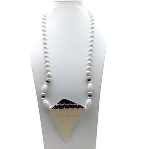 White Beaded Necklace With Geometric Gold-Tone Pendant & Black/Pink Accents